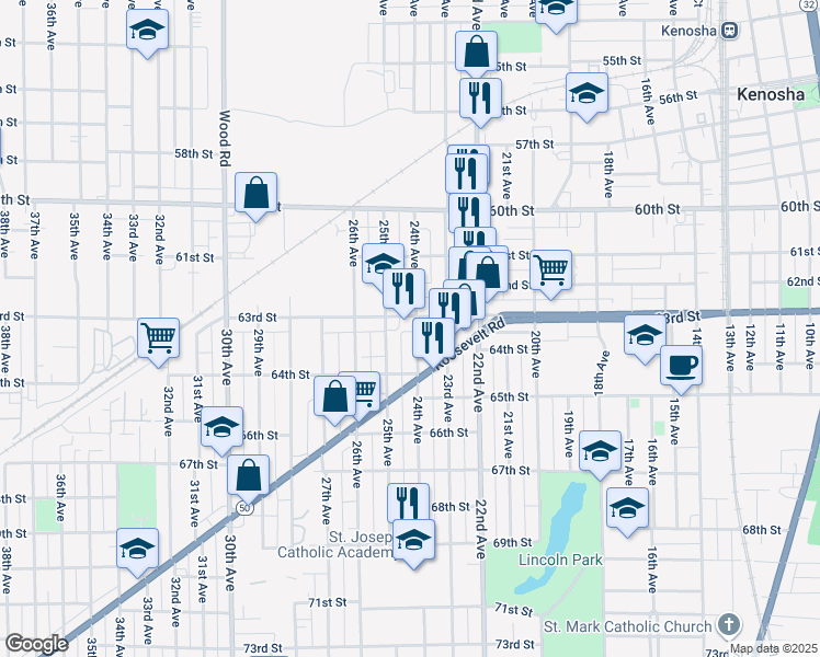 map of restaurants, bars, coffee shops, grocery stores, and more near 2407 63rd Street in Kenosha
