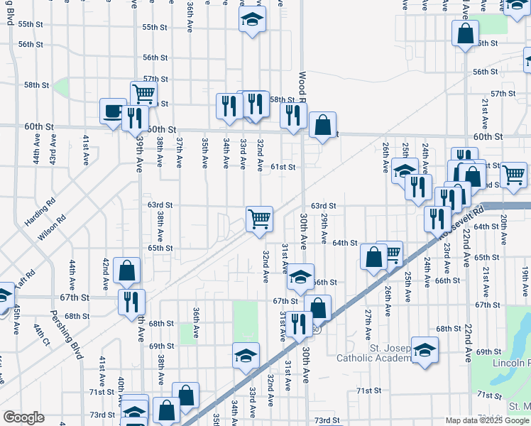 map of restaurants, bars, coffee shops, grocery stores, and more near 6245 32nd Avenue in Kenosha
