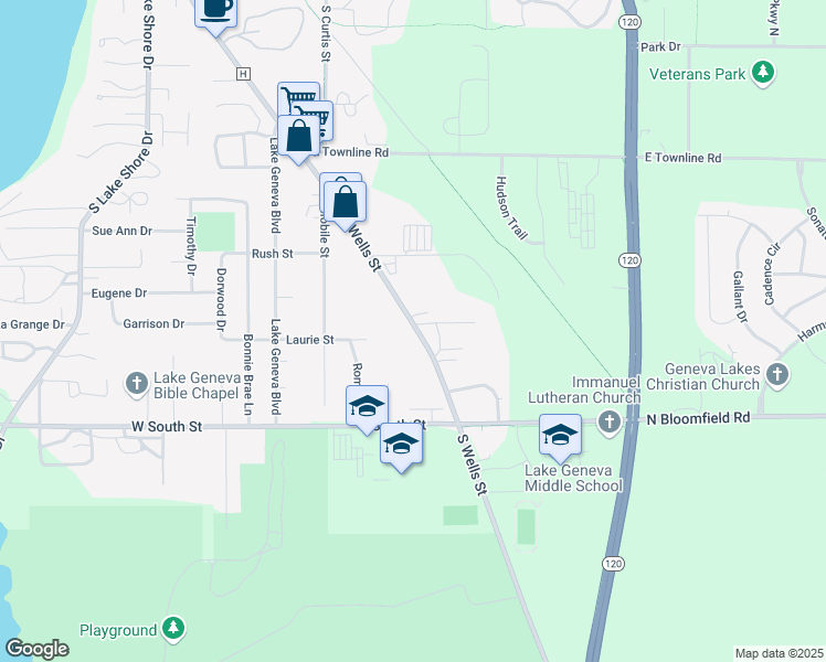 map of restaurants, bars, coffee shops, grocery stores, and more near 1086 South Wells Street in Lake Geneva