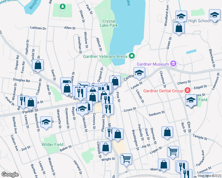 map of restaurants, bars, coffee shops, grocery stores, and more near 2 Lake Street in Gardner