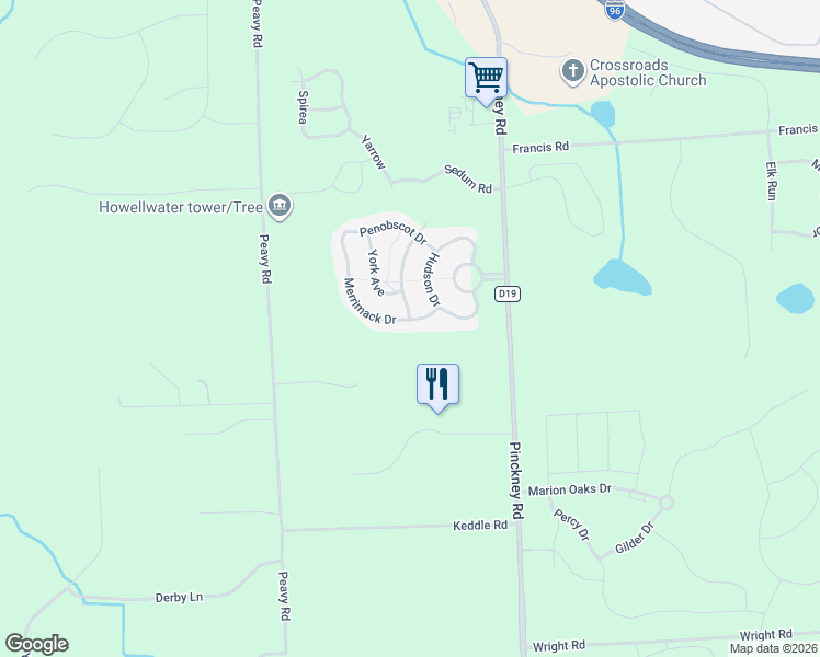 map of restaurants, bars, coffee shops, grocery stores, and more near 141 Merrimack Drive in Howell