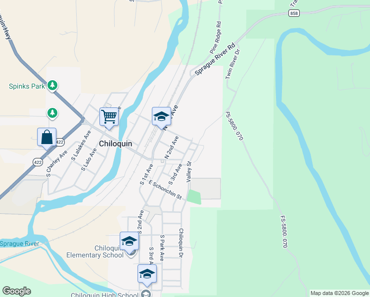 map of restaurants, bars, coffee shops, grocery stores, and more near 216 South 3rd Avenue in Chiloquin