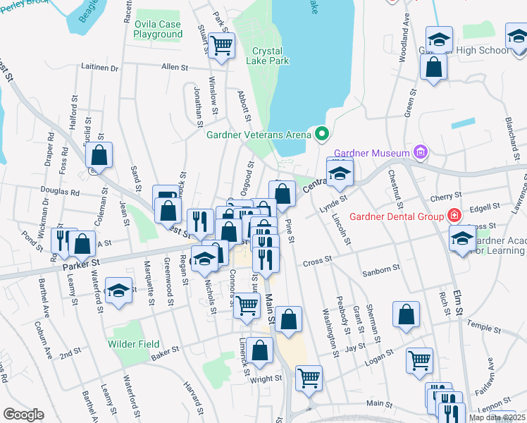 map of restaurants, bars, coffee shops, grocery stores, and more near 49 Richmond Street in Gardner