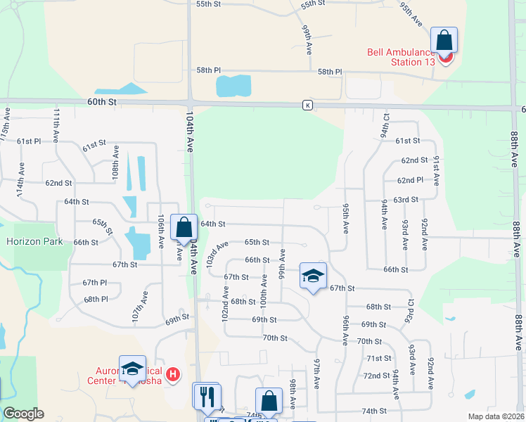 map of restaurants, bars, coffee shops, grocery stores, and more near 10007 63rd Street in Kenosha