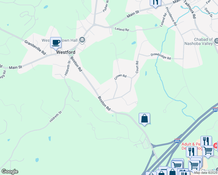 map of restaurants, bars, coffee shops, grocery stores, and more near 4 Mamie Lane in Westford