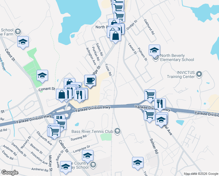 map of restaurants, bars, coffee shops, grocery stores, and more near 0 Beverly Commons Drive in Beverly