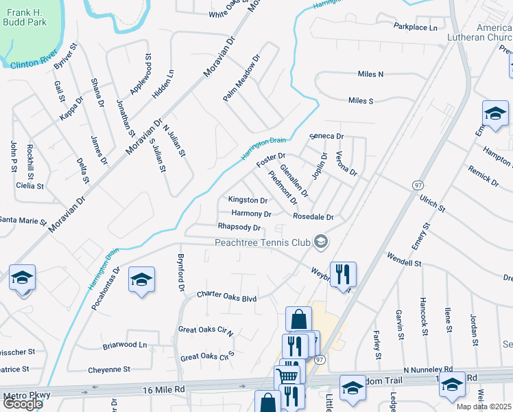 map of restaurants, bars, coffee shops, grocery stores, and more near 20514 Kingston Drive in Clinton Township