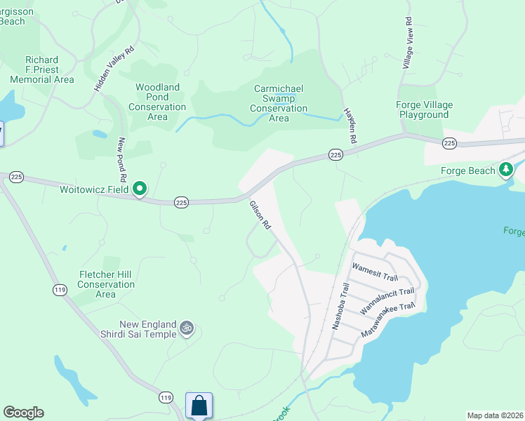map of restaurants, bars, coffee shops, grocery stores, and more near 218 Forge Village Road in Groton
