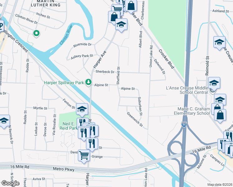 map of restaurants, bars, coffee shops, grocery stores, and more near 38207 Sheffield Street in Clinton Township