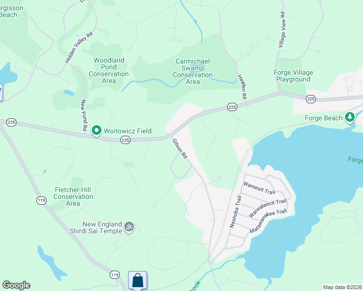 map of restaurants, bars, coffee shops, grocery stores, and more near 218 Forge Village Road in Groton
