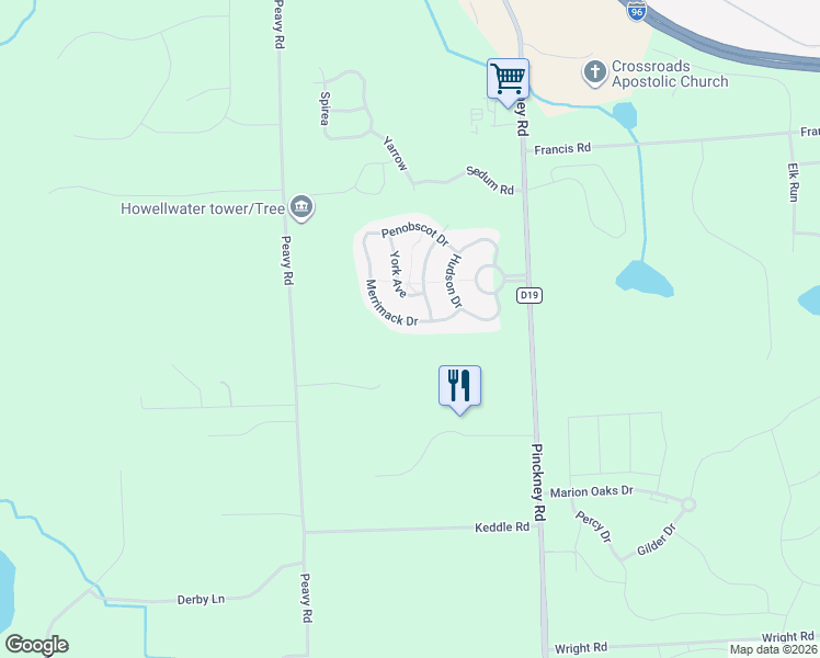 map of restaurants, bars, coffee shops, grocery stores, and more near 141 Merrimack Drive in Howell