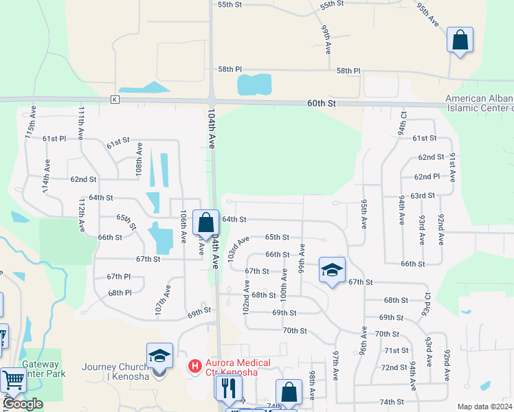 map of restaurants, bars, coffee shops, grocery stores, and more near 10121 63rd Street in Kenosha