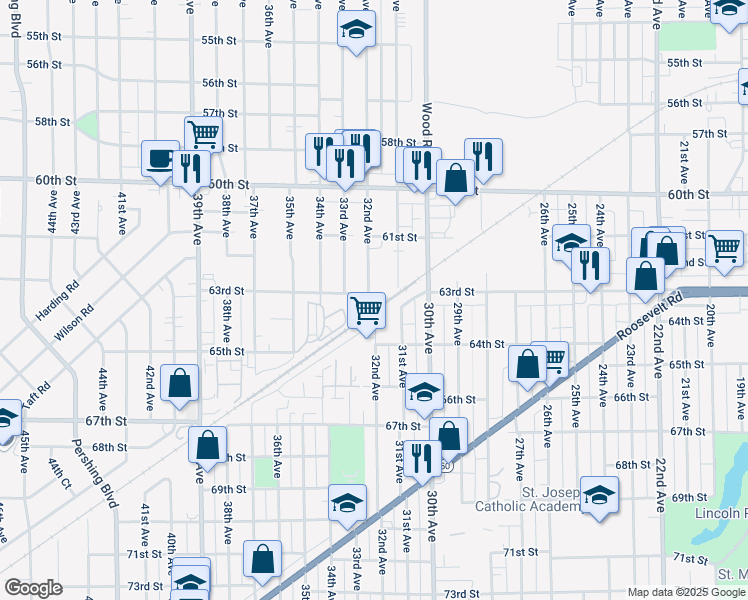 map of restaurants, bars, coffee shops, grocery stores, and more near 6303 32nd Avenue in Kenosha