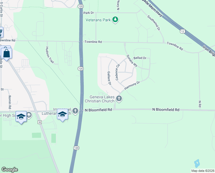 map of restaurants, bars, coffee shops, grocery stores, and more near 356 Bowing Way in Lake Geneva