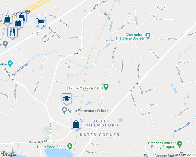 map of restaurants, bars, coffee shops, grocery stores, and more near 21 Equestrian Lane in Chelmsford