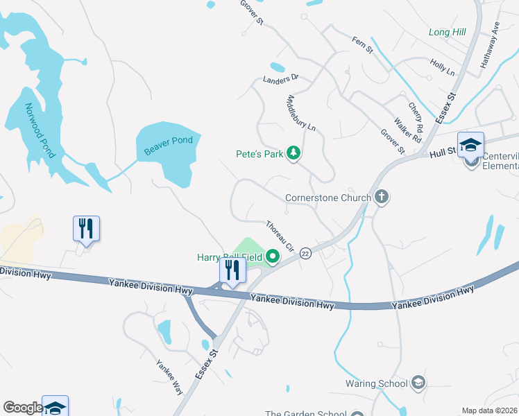 map of restaurants, bars, coffee shops, grocery stores, and more near 3 Alcott Way in Beverly