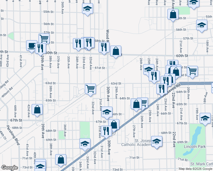map of restaurants, bars, coffee shops, grocery stores, and more near 6304 30th Avenue in Kenosha