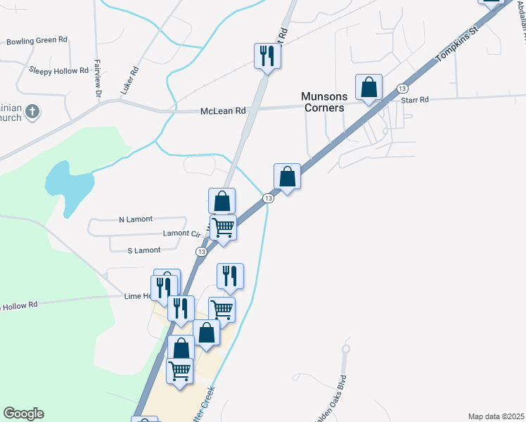 map of restaurants, bars, coffee shops, grocery stores, and more near 946 New York 13 in Cortland