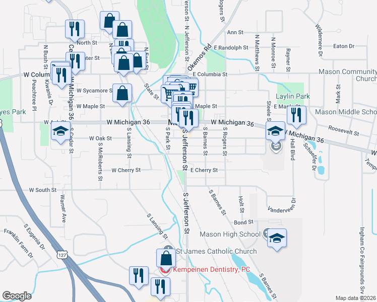 map of restaurants, bars, coffee shops, grocery stores, and more near 115 East Elm Street in Mason