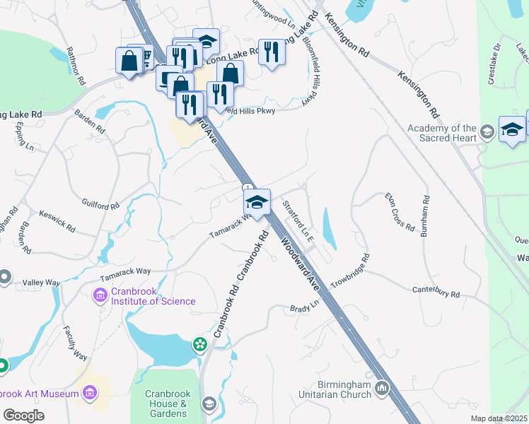 map of restaurants, bars, coffee shops, grocery stores, and more near 1247 Woodward Avenue in Bloomfield Hills