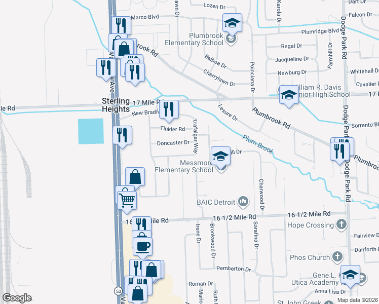 map of restaurants, bars, coffee shops, grocery stores, and more near 38531 Trafalgar Way in Sterling Heights