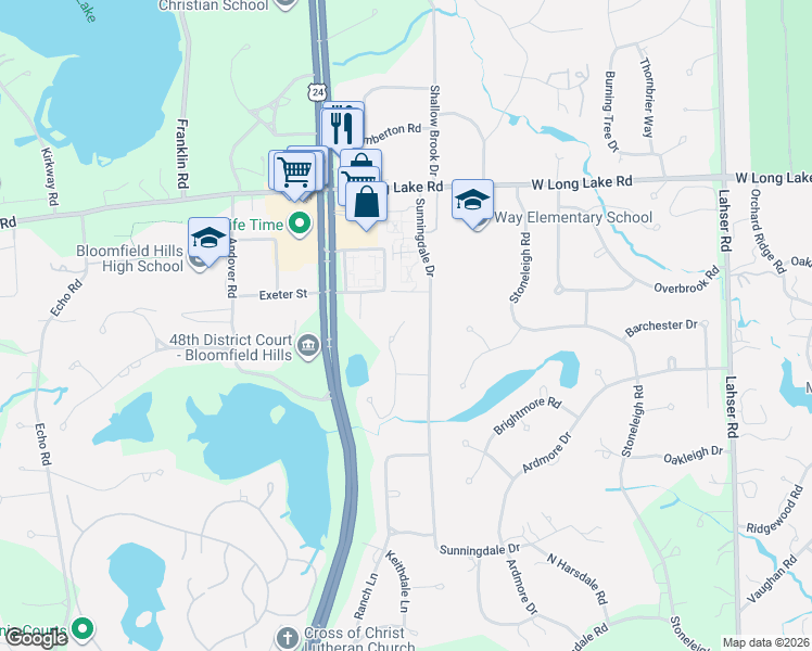 map of restaurants, bars, coffee shops, grocery stores, and more near 4215 North Willoway Estates Court in Bloomfield Township