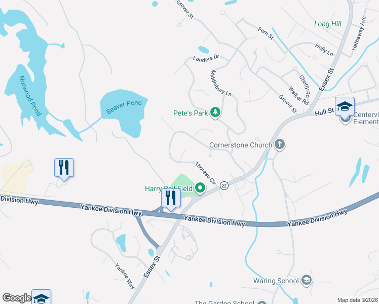 map of restaurants, bars, coffee shops, grocery stores, and more near 3 Alcott Way in Beverly