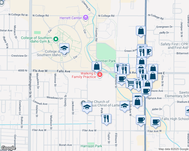 map of restaurants, bars, coffee shops, grocery stores, and more near 526 Falls Avenue in Twin Falls