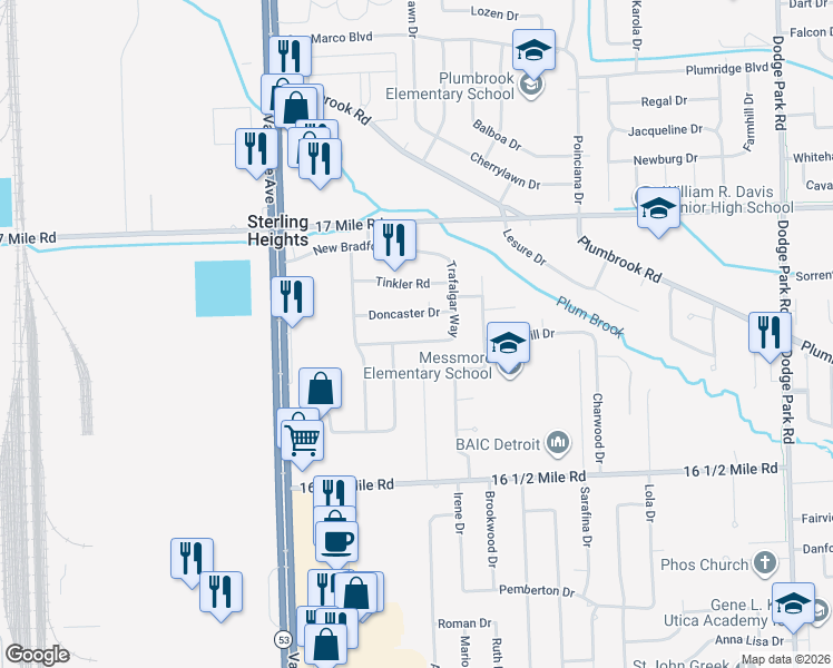 map of restaurants, bars, coffee shops, grocery stores, and more near 8405 Smethwick Road in Sterling Heights