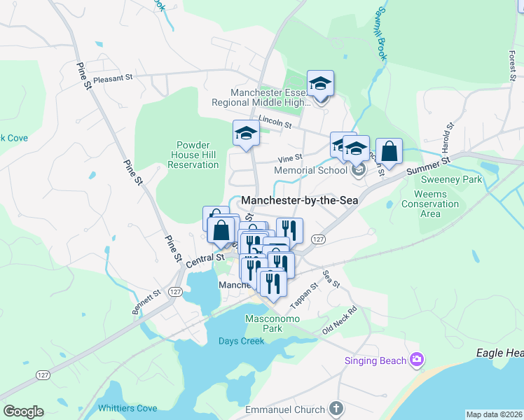 map of restaurants, bars, coffee shops, grocery stores, and more near 3 Brook Street in Manchester-by-the-Sea
