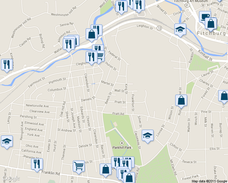 map of restaurants, bars, coffee shops, grocery stores, and more near 20 Wall Street in Fitchburg