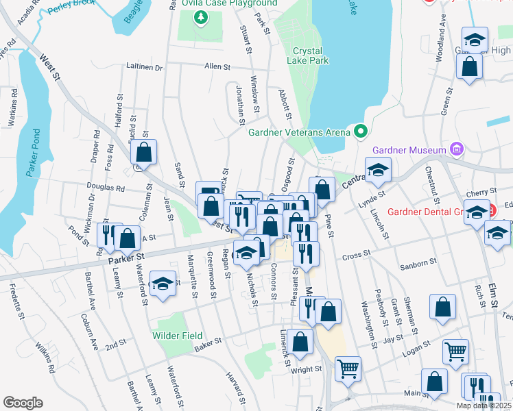 map of restaurants, bars, coffee shops, grocery stores, and more near 23 Oriole Street in Gardner