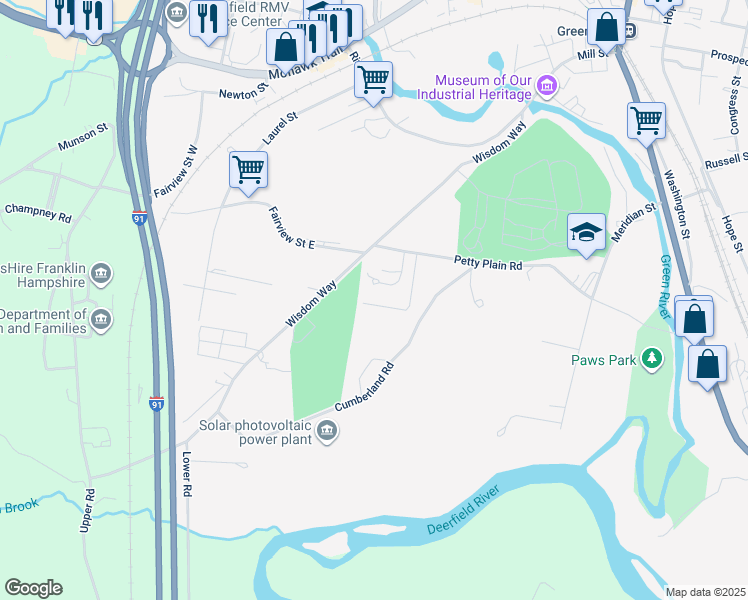 map of restaurants, bars, coffee shops, grocery stores, and more near 73 Solar Way in Greenfield
