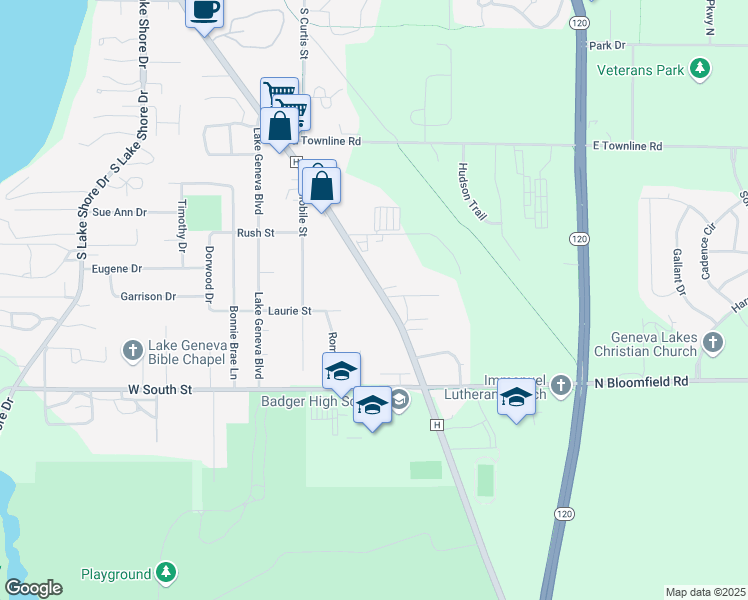 map of restaurants, bars, coffee shops, grocery stores, and more near 1086 South Wells Street in Lake Geneva