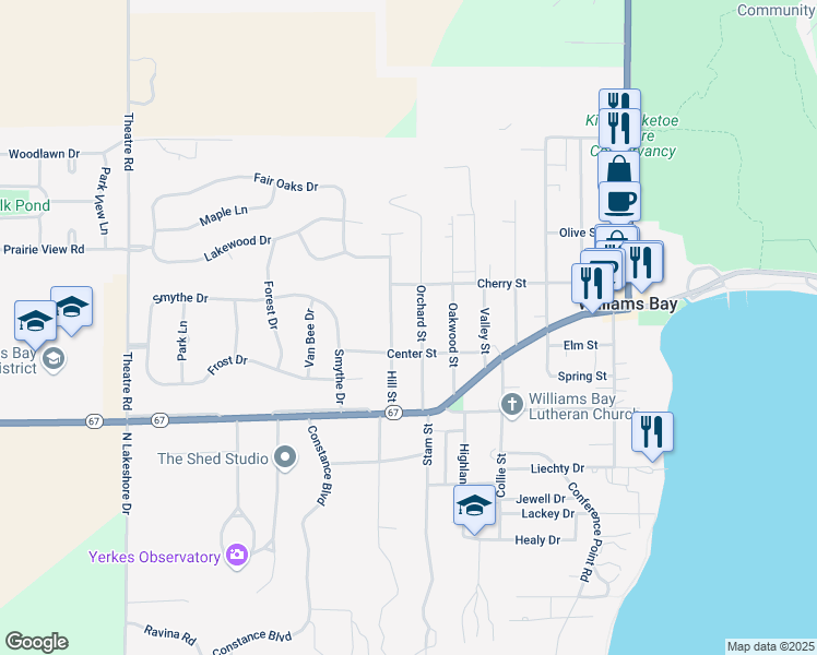 map of restaurants, bars, coffee shops, grocery stores, and more near 68 Orchard Street in Williams Bay