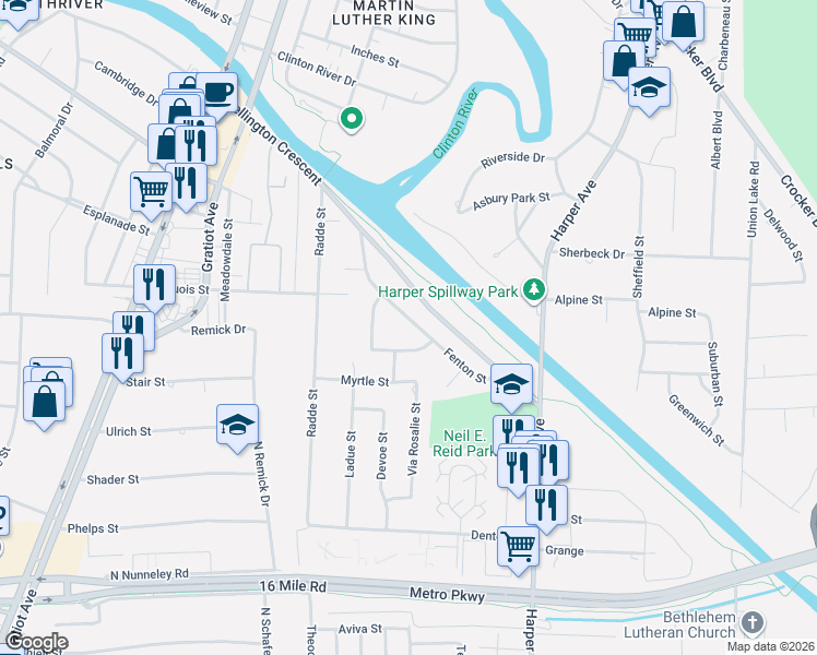 map of restaurants, bars, coffee shops, grocery stores, and more near 23702 Fenton Street in Clinton Township