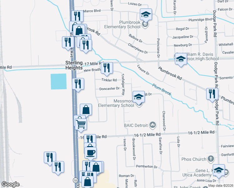 map of restaurants, bars, coffee shops, grocery stores, and more near 8405 Smethwick Road in Sterling Heights