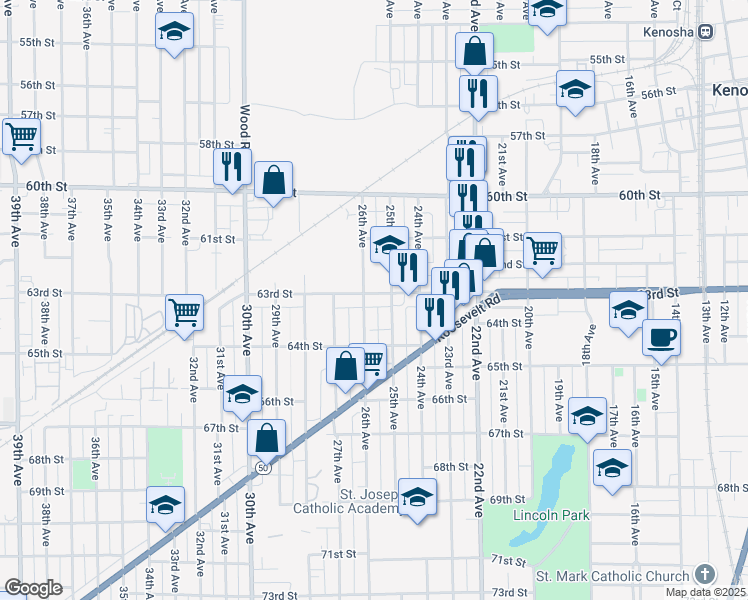 map of restaurants, bars, coffee shops, grocery stores, and more near 2517 63rd Street in Kenosha