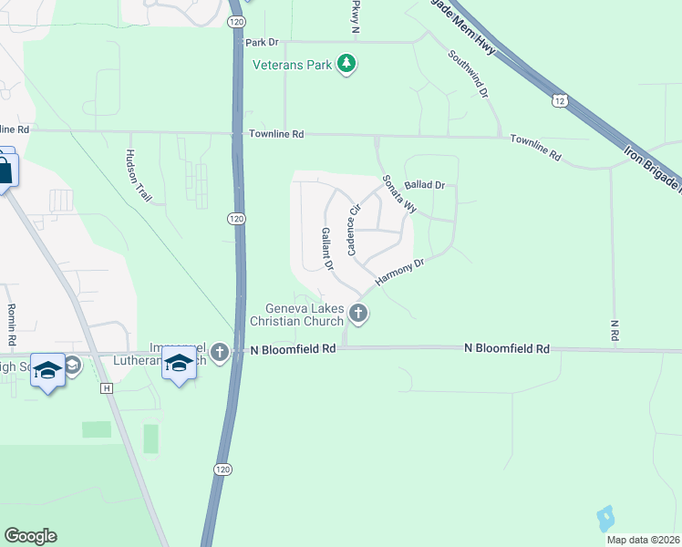 map of restaurants, bars, coffee shops, grocery stores, and more near 356 Bowing Way in Lake Geneva