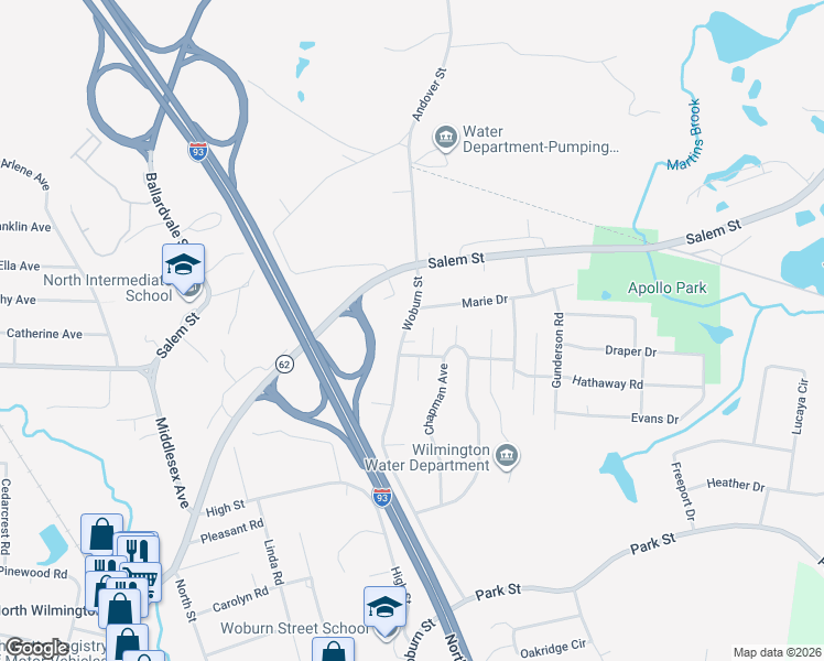 map of restaurants, bars, coffee shops, grocery stores, and more near 98 Woburn Street in Wilmington