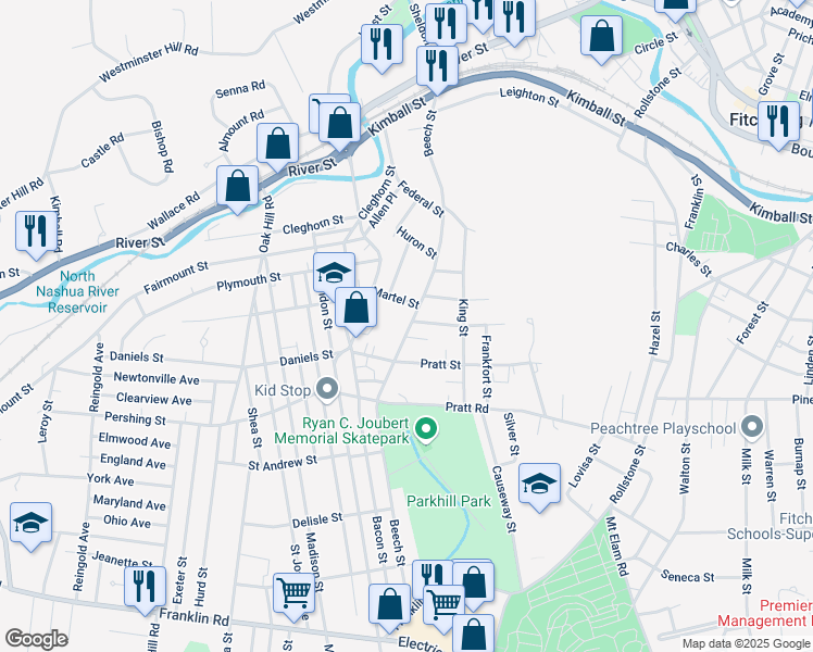 map of restaurants, bars, coffee shops, grocery stores, and more near 259 Beech Street in Fitchburg