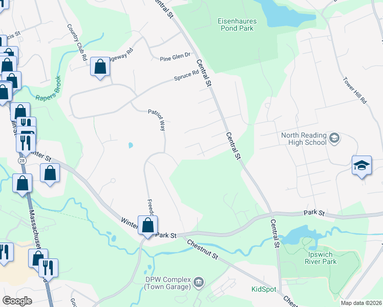 map of restaurants, bars, coffee shops, grocery stores, and more near 19 Quimby Road in North Reading