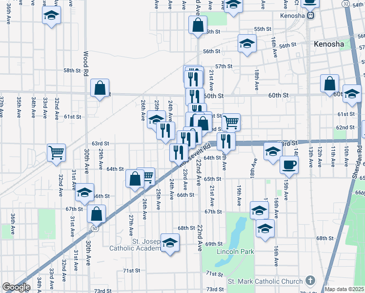 map of restaurants, bars, coffee shops, grocery stores, and more near 2301 63rd Street in Kenosha