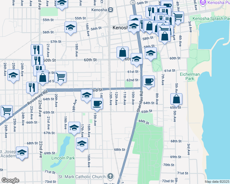 map of restaurants, bars, coffee shops, grocery stores, and more near 6304 12th Avenue in Kenosha