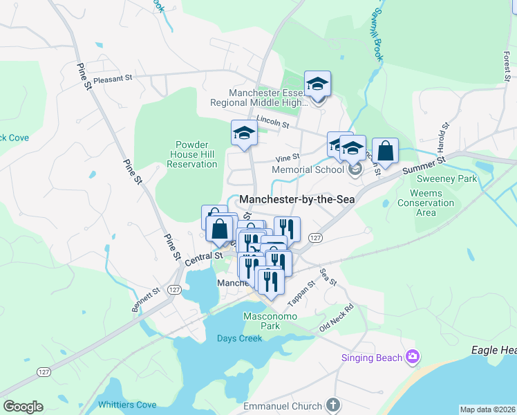 map of restaurants, bars, coffee shops, grocery stores, and more near 3 Brook Street in Manchester-by-the-Sea
