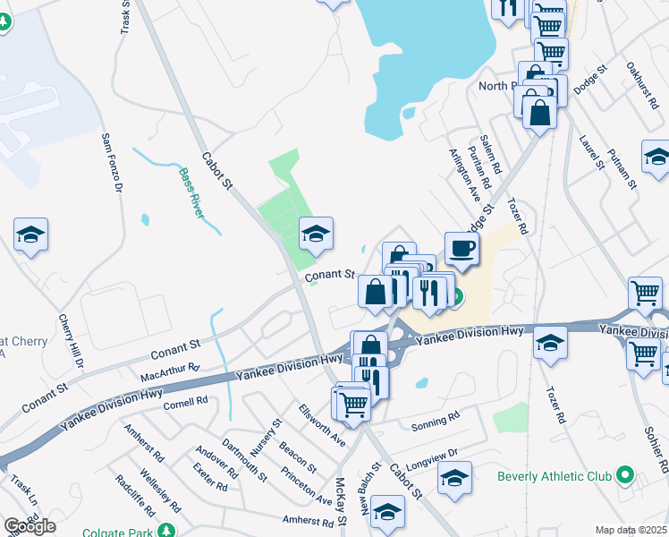 map of restaurants, bars, coffee shops, grocery stores, and more near 29 Conant Street in Beverly