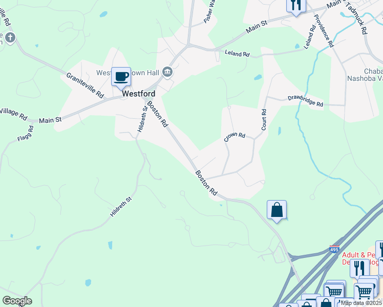 map of restaurants, bars, coffee shops, grocery stores, and more near 28 Boston Road in Westford