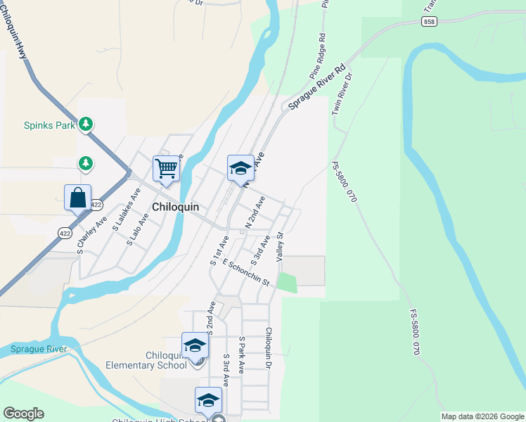 map of restaurants, bars, coffee shops, grocery stores, and more near 207 East Yahooskin Street in Chiloquin