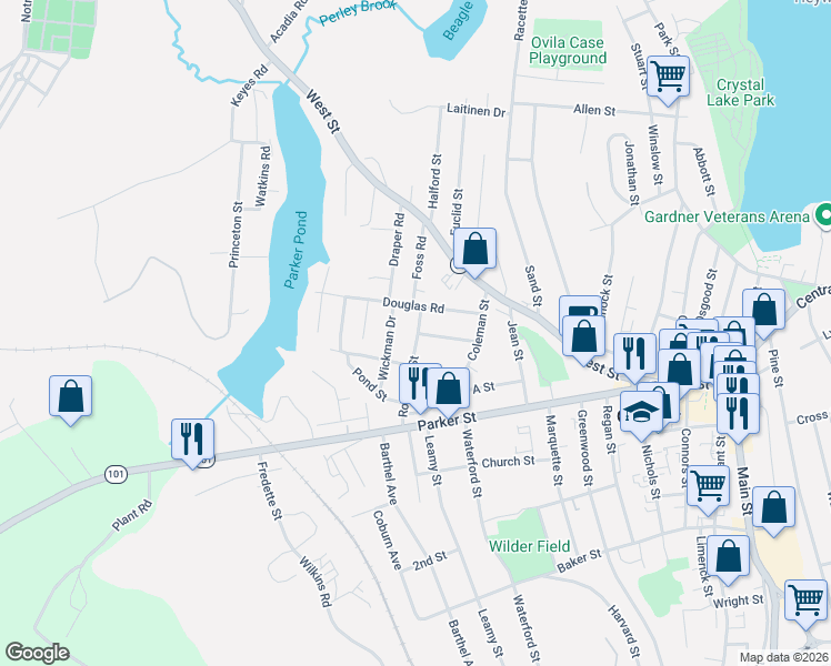 map of restaurants, bars, coffee shops, grocery stores, and more near 76 Robillard Street in Gardner