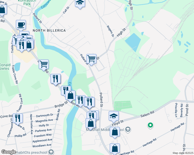 map of restaurants, bars, coffee shops, grocery stores, and more near 154 Pollard Street in Billerica